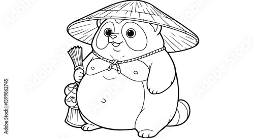 Tanuki Raccoon Dog Coloring Page: Large Straw Hat and Round Belly