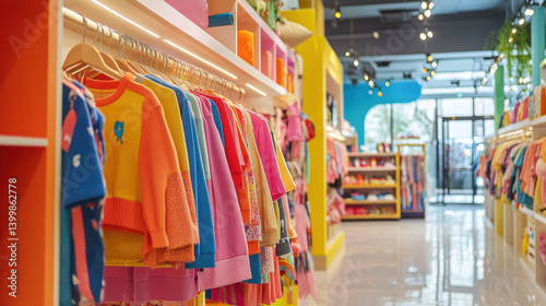 A bright and cheerful retail space features rows of children's clothing in various colors hanging on racks. The store is filled with natural light and lively decor