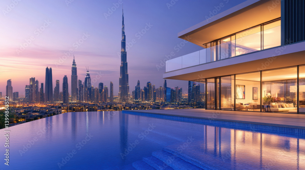 Naklejka premium Spectacular twilight view features a modern infinity pool with stunning reflections, showcasing Dubai's iconic skyline and the Burj Khalifa. The warm glow from nearby buildings enhances the scene
