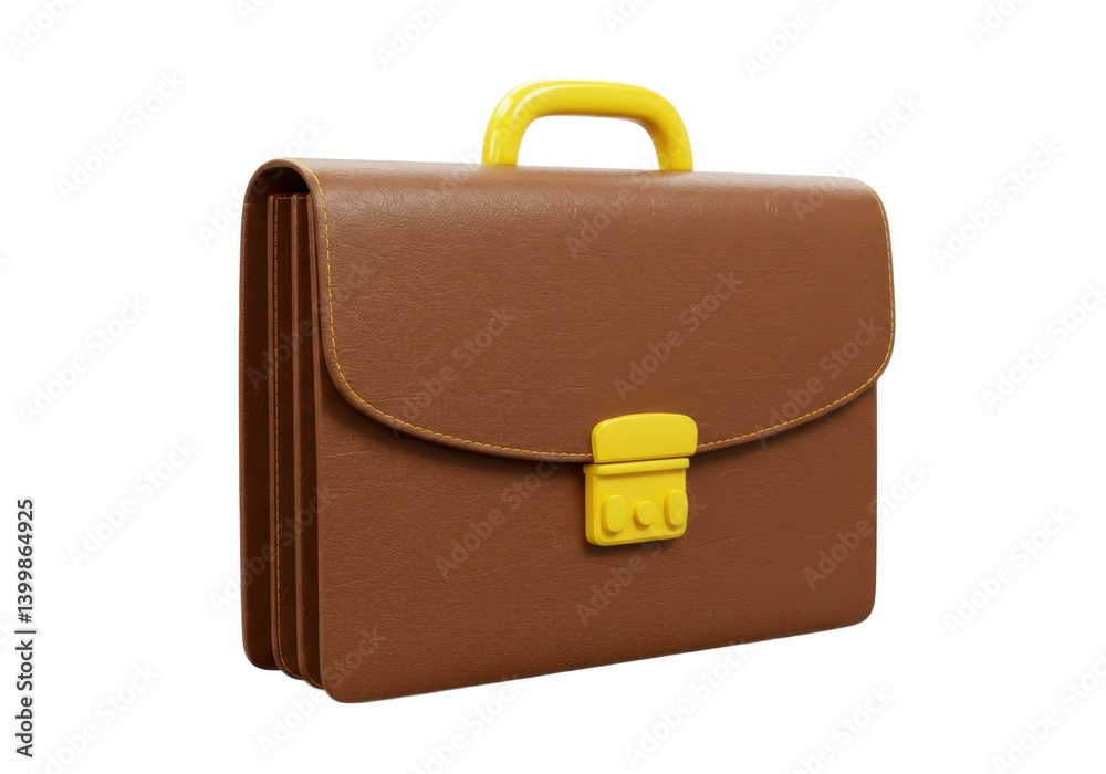 A brown briefcase with a yellow handle and clasp A brown briefcase with a yellow handle and clasp