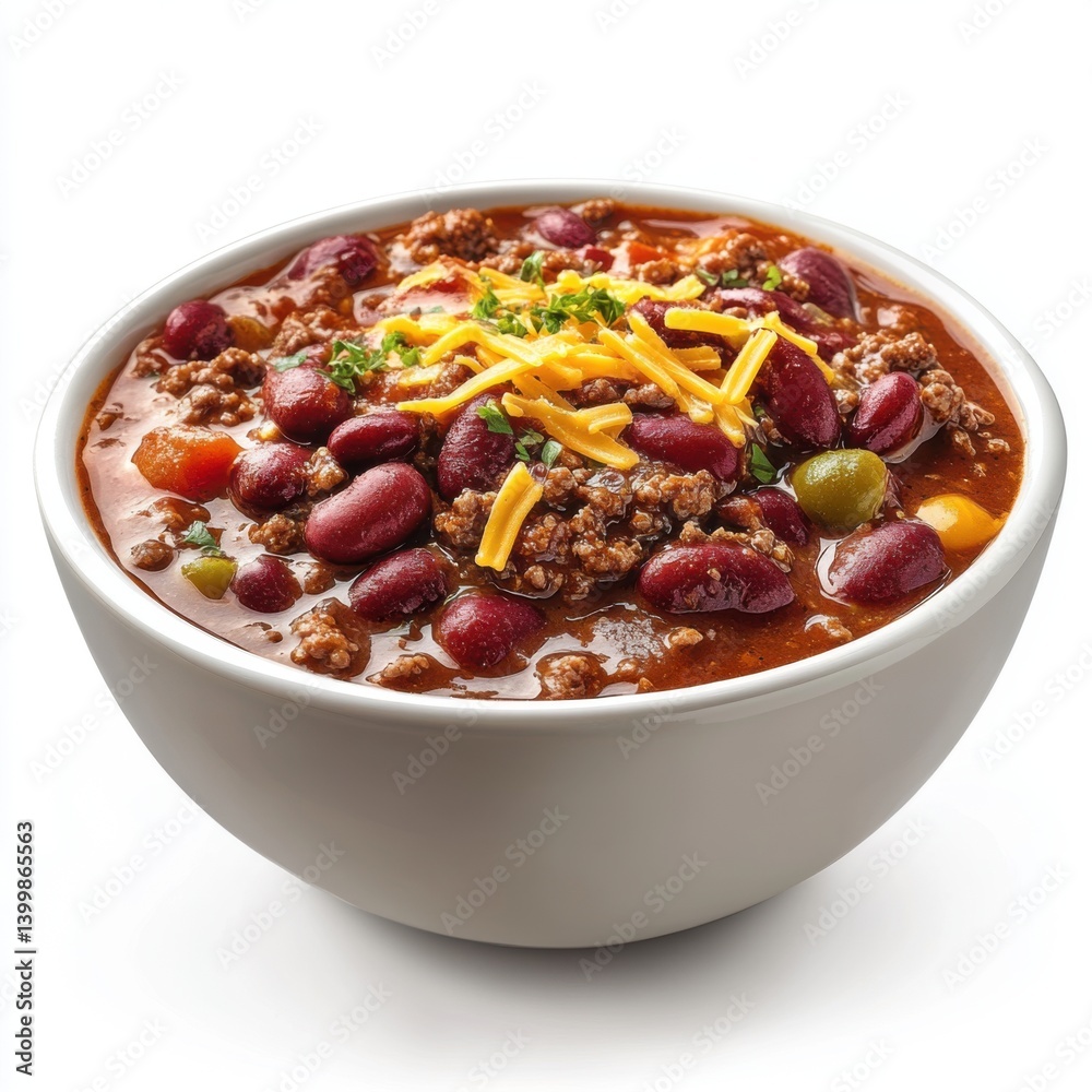 a realistic 3D scene of a bowl of chili, with ground beef, beans, and a sprinkle of cheese,