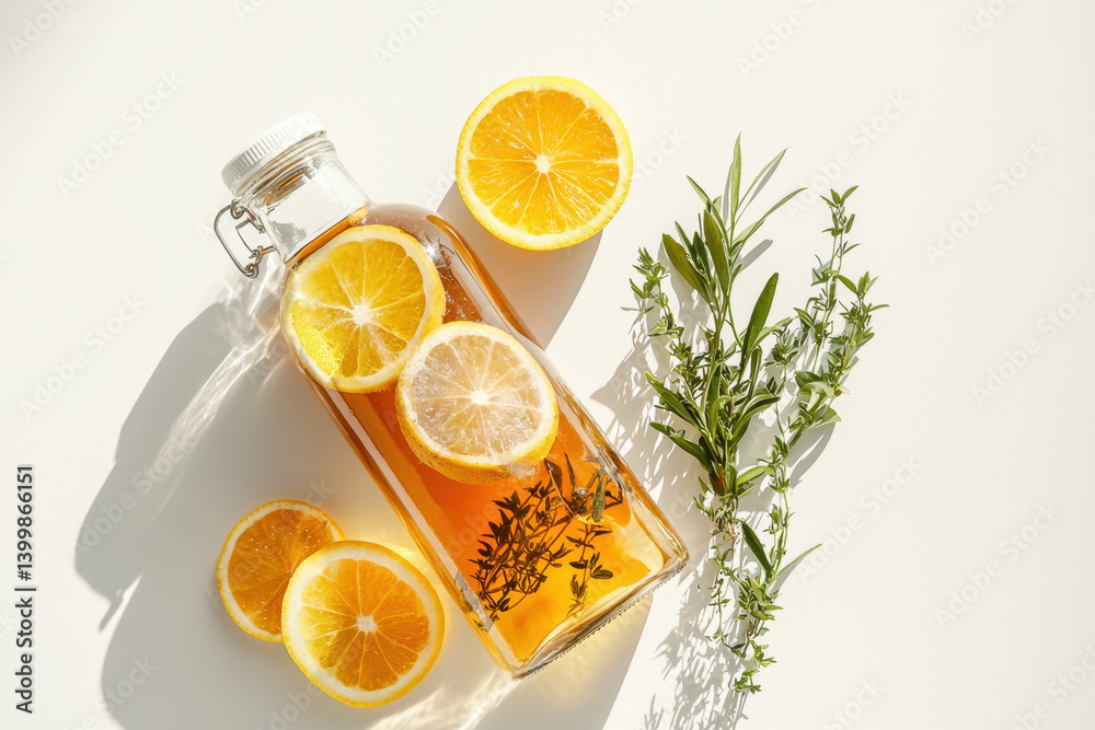 Refreshing cold brewed tea with citrus slices in clear glass bottles and cups natural light setting inviting beverage presentation