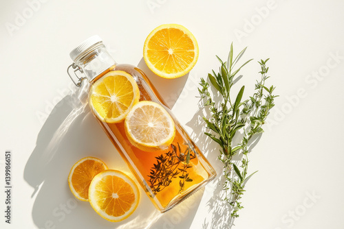 Obraz na płótnie Refreshing cold brewed tea with citrus slices in clear glass bottles and cups natural light setting inviting beverage presentation w salonie