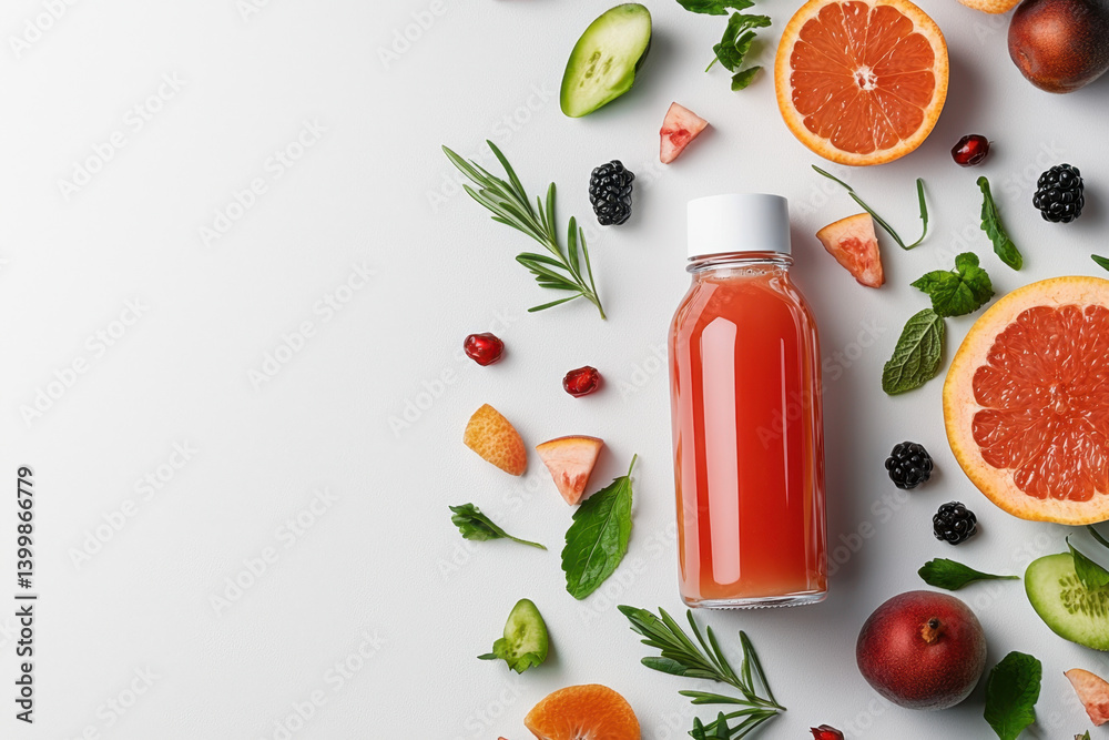 Refreshing burst of fresh juice surrounded by colorful fruits and herbs in a bright environment with cups for enjoyment