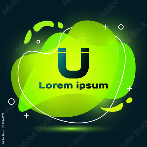 Black Magnet icon isolated on black background. Horseshoe magnet, magnetism, magnetize, attraction. Abstract banner with liquid shapes. Vector