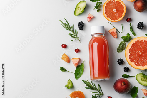Obraz na płótnie Refreshing burst of fresh juice surrounded by colorful fruits and herbs in a bright environment with cups for enjoyment w salonie
