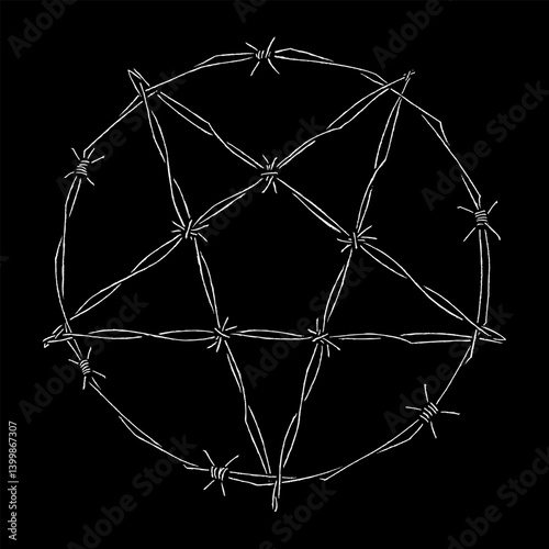 Pentagram barbed wire hand drawing vector isolated on black background.