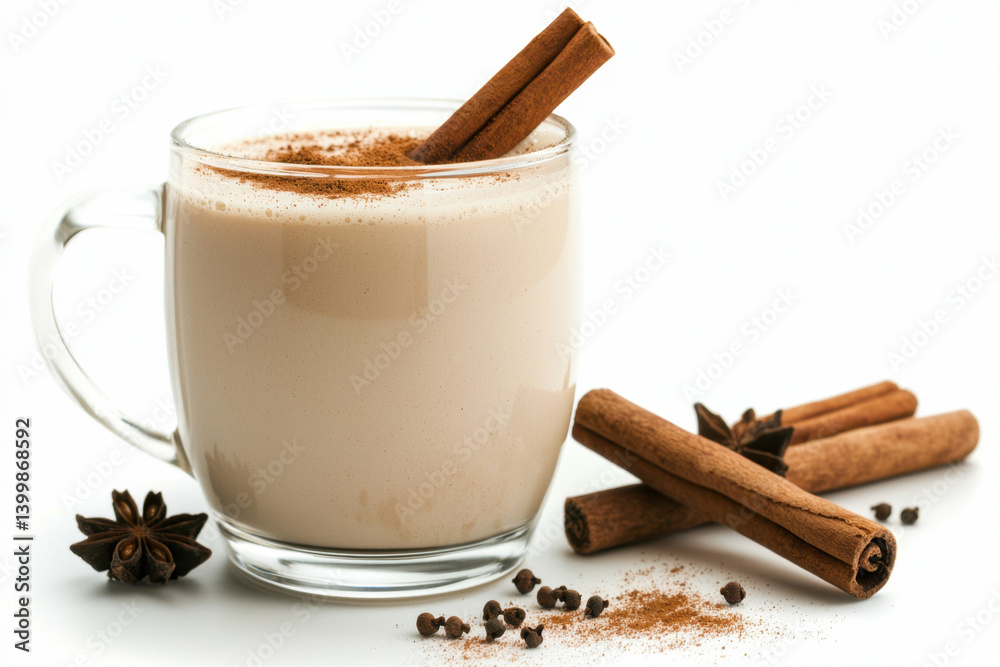 Warm and inviting chai latte in clear mug with cinnamon stick cozy indoor setting beverage photography perfect for relaxation and comfort moments