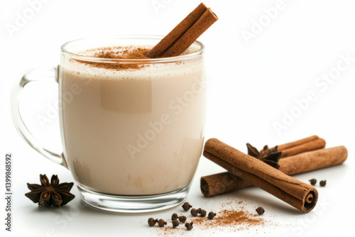 Obraz na płótnie Warm and inviting chai latte in clear mug with cinnamon stick cozy indoor setting beverage photography perfect for relaxation and comfort moments w salonie