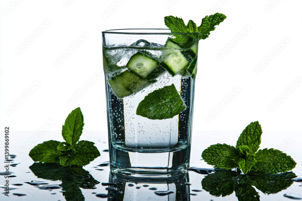 Refreshing iced cucumber water and mint cups kitchen table beverage photography bright environment close-up view hydration concept