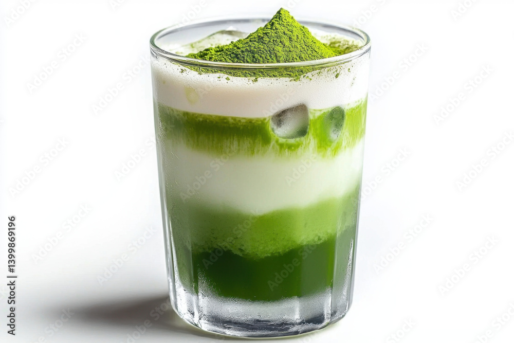 Refreshing iced matcha latte cups with layered greens and cream perfect for summer sips captured in a bright studio setting showcasing delicious beverage art