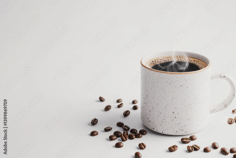 Steaming coffee cup surrounded by coffee beans modern kitchen setting high-quality imagery warm atmosphere close-up view conceptualizing cups for inviting coffee moments