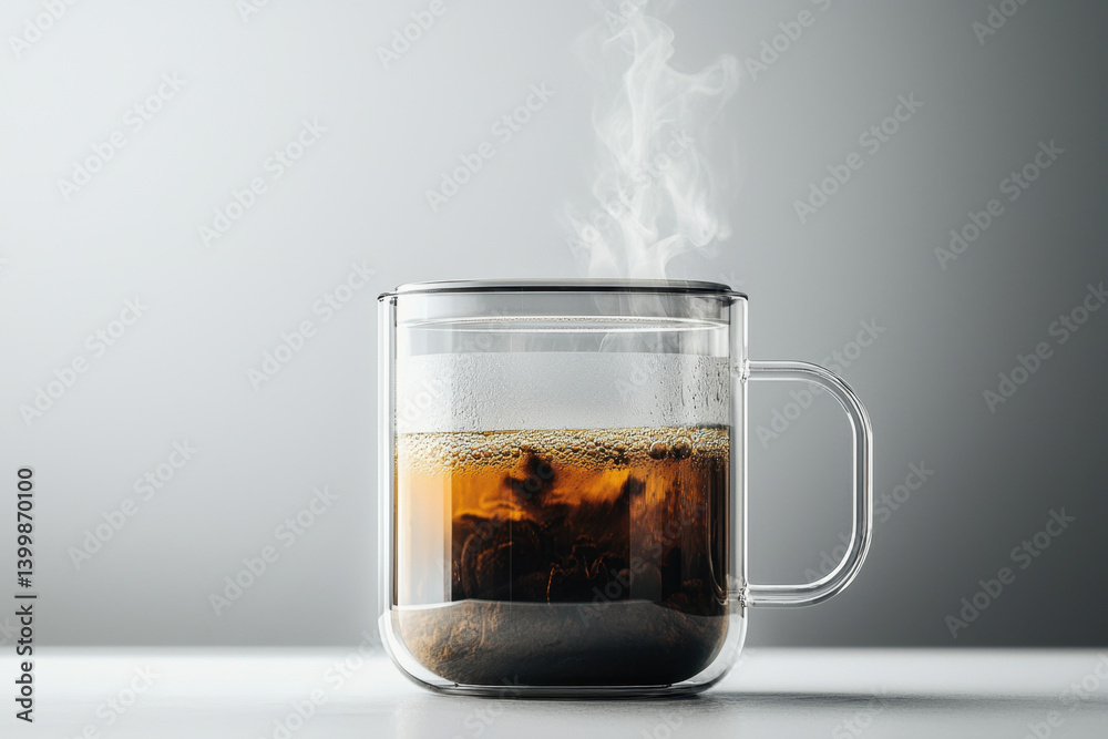 Steaming hot coffee in a clear glass mug modern kitchen setting beverage photography minimalist environment close-up view emphasizing cups and aroma