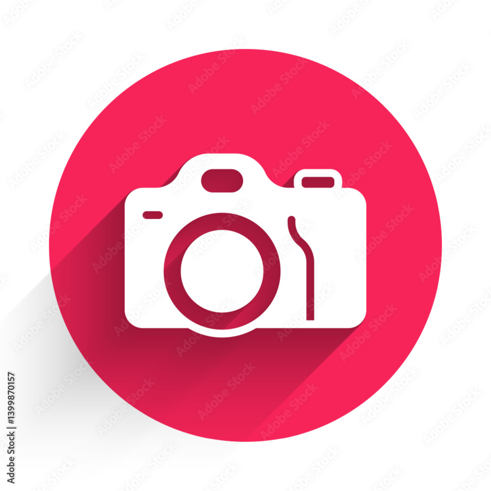 White Photo camera icon isolated with long shadow background. Foto camera. Digital photography. Red circle button. Vector White Photo camera icon isolated with long shadow background. Foto camera. Digital photography. Red circle button. Vector