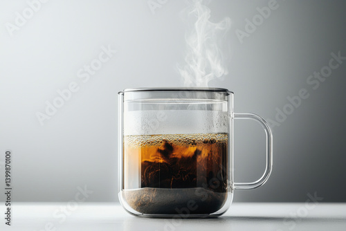 Obraz na płótnie Steaming hot coffee in a clear glass mug modern kitchen setting beverage photography minimalist environment close-up view emphasizing cups and aroma w salonie