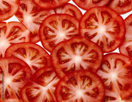 Fresh red tomato slices, vibrant color and natural patterns create a delicious and healthy backdrop.