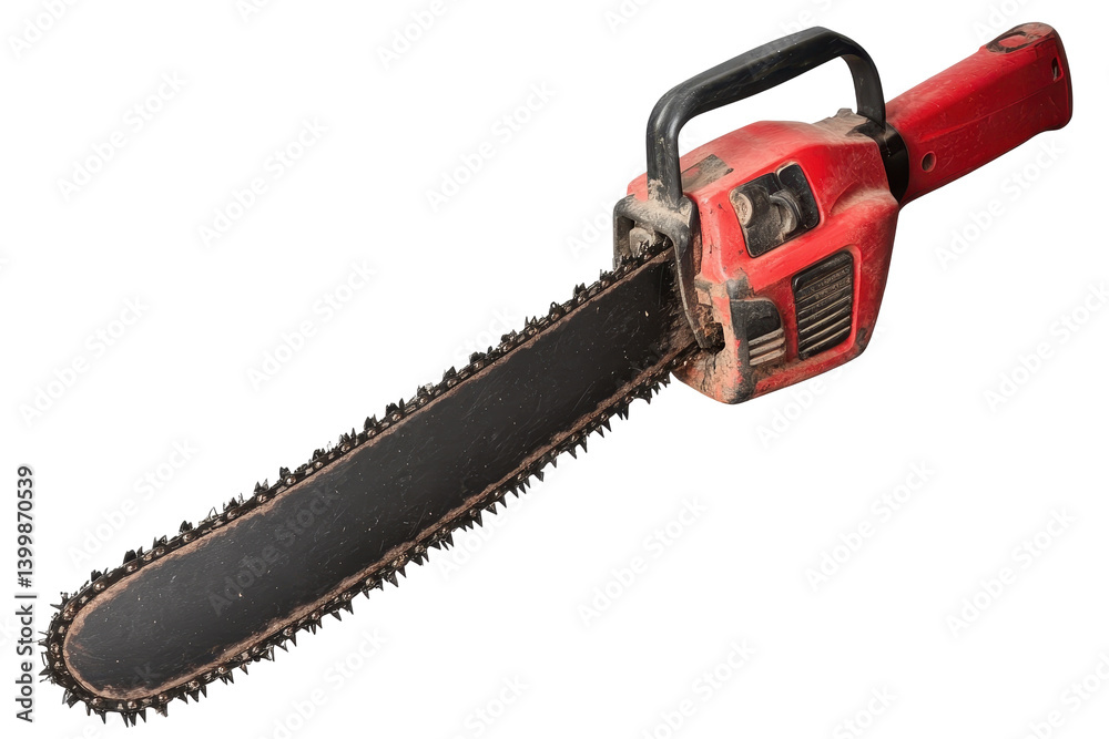 Isolated Red Chainsaw with Black Blade and Old Look Isolated Red Chainsaw with Black Blade and Old Look