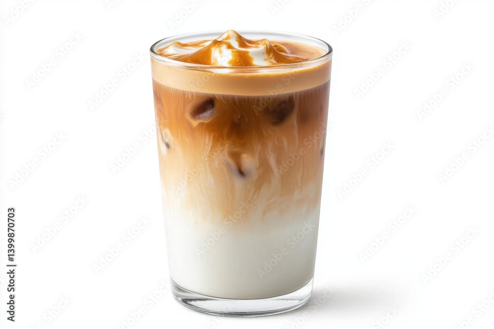 Refreshing iced latte cups with layered espresso coffee shop beverage photography modern environment close-up view artful presentation
