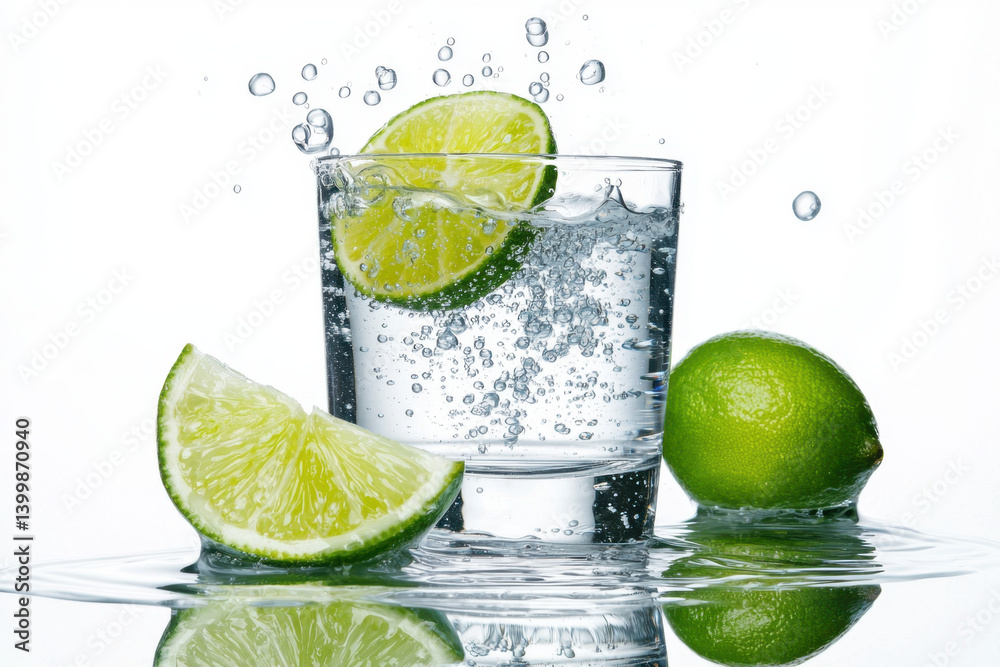 Refreshing sparkling water with lime slices kitchen countertop beverage photography minimalist environment close-up view captivating cups concept