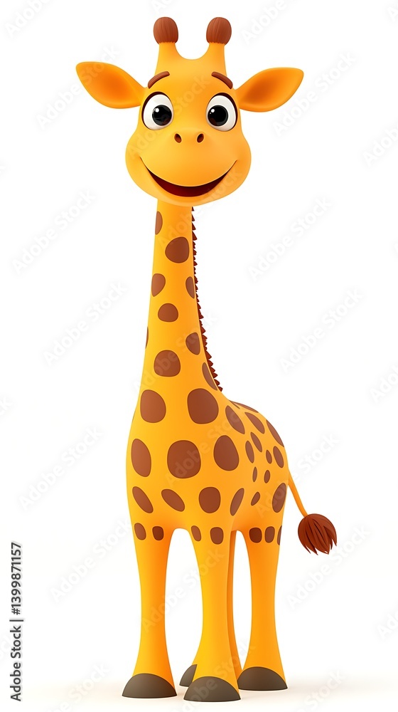 Fototapeta premium A cheerful cartoon giraffe with a long neck and playful expression, featuring spots and a bright orange color.