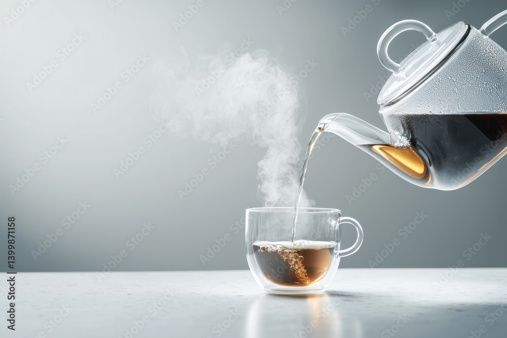 Elegant glass teapot pouring freshly brewed tea into stylish cups on a minimalist table warm and inviting atmosphere close-up perspective