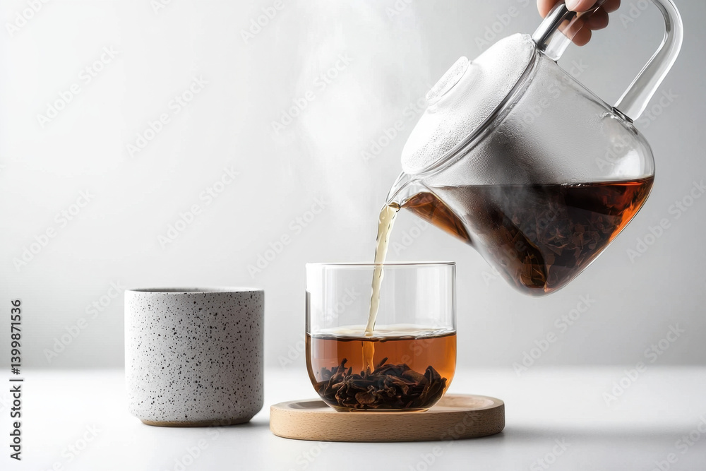 Pouring hot tea from a clear glass teapot into a speckled cup on a mat minimalist kitchen environment close-up view inviting and cozy concept with cups