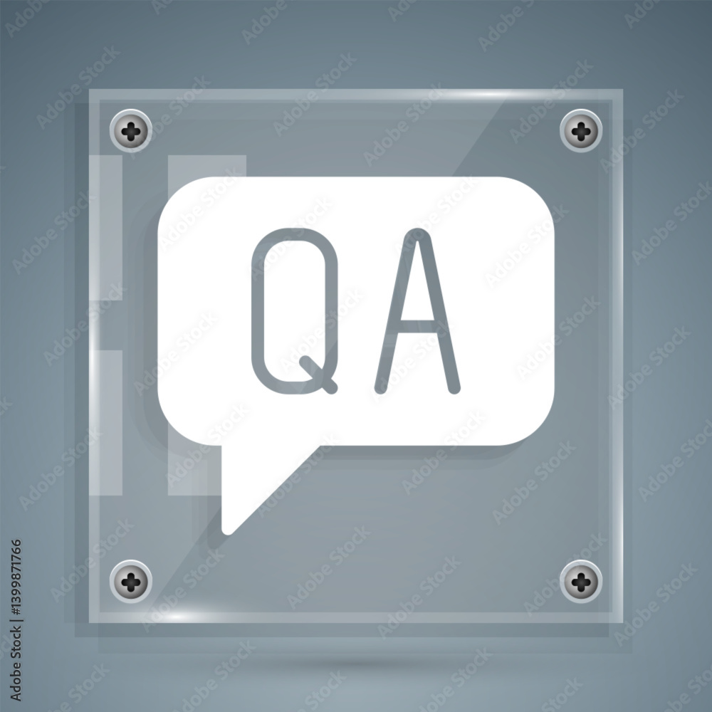 White Speech bubbles with Question and Answer icon isolated on grey background. Q and A symbol. FAQ sign. Chat speech bubble and chart. Square glass panels. Vector White Speech bubbles with Question and Answer icon isolated on grey background. Q and A symbol. FAQ sign. Chat speech bubble and chart. Square glass panels. Vector
