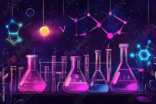 Science banner with beakers, flasks, and chemical structure