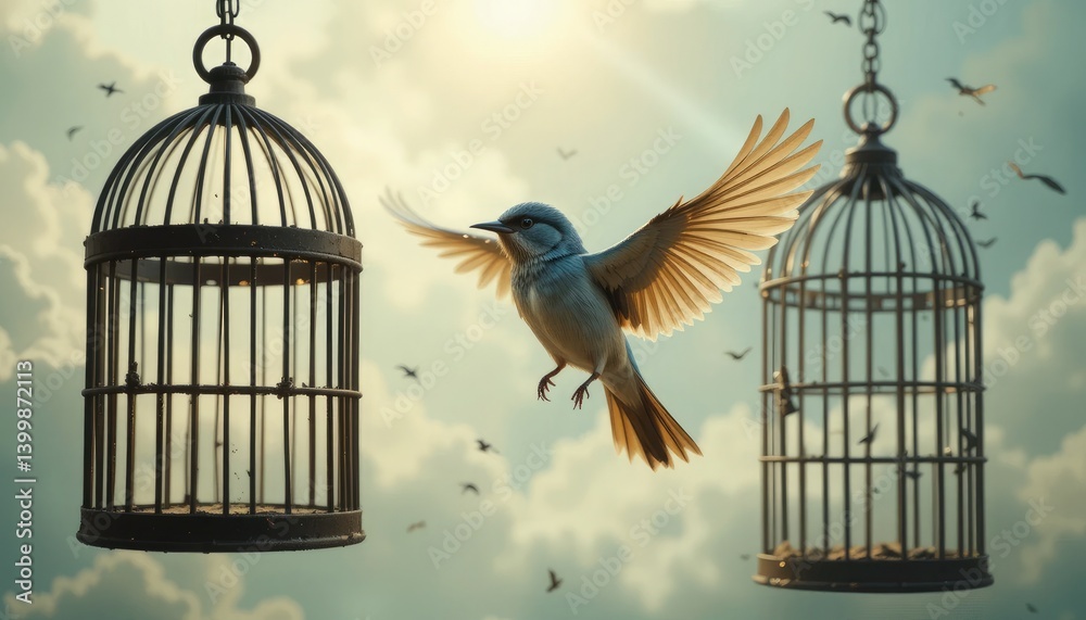 Fototapeta premium picture of a little bird soaring from an open cages, illustrating the inspirational idea of surreal freedom.