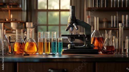Science lab concept: microscope and test tubes in focus