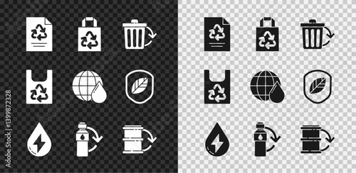 Set Paper with recycle, bag, Recycle bin, Water energy, Recycling plastic bottle, Eco fuel barrel, Plastic and Earth planet water drop icon. Vector