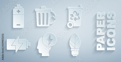 Set Head and electric symbol, Recycle bin with recycle, Battery, Light bulb leaf, and icon. Vector
