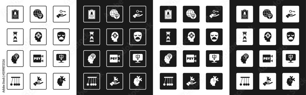 Set Solution to the problem, Finding a, Old hourglass, Medical clipboard, Drama theatrical mask, Psychology, Psi, and icon. Vector Set Solution to the problem, Finding a, Old hourglass, Medical clipboard, Drama theatrical mask, Psychology, Psi, and icon. Vector