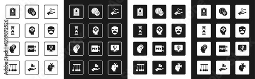 Set Solution to the problem, Finding a, Old hourglass, Medical clipboard, Drama theatrical mask, Psychology, Psi, and icon. Vector
