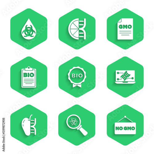 Set Label for bio healthy food, Biohazard and magnifying glass, No GMO, Genetic engineering modification, Genetically modified apple, Document, and icon. Vector