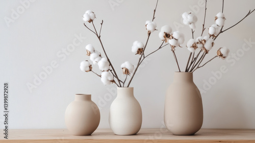 Natural cotton branches are elegantly displayed in three minimalist vases of varying heights on a wooden surface. The neutral backdrop enhances the serene and modern aesthetic of the arrangement
