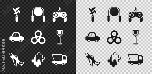Set Pinwheel toy, Jump rope, Gamepad, Toy plane, Puzzle pieces, truck, car and Fidget spinner icon. Vector