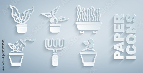 Set Garden rake, Plant in pot, Spraying plant, Seeds bowl, and icon. Vector