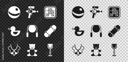 Set Beach ball, Ray gun, Tic tac toe game, Slingshot, Teddy bear plush toy, Shovel, Rubber duck and Jump rope icon. Vector