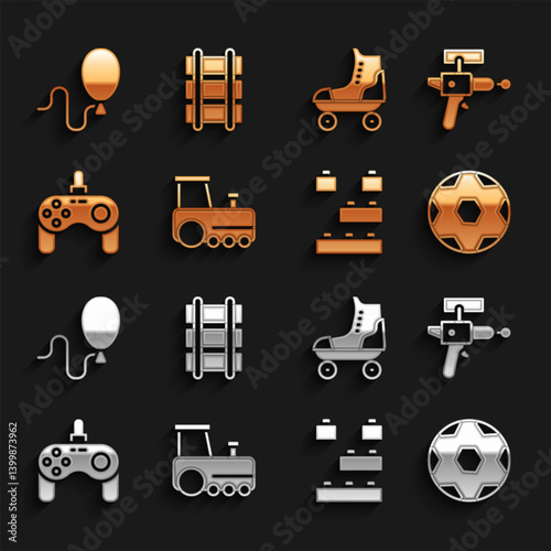 Set Toy train, Ray gun, Soccer football ball, building block bricks, Gamepad, Roller skate, Balloons and railway icon. Vector