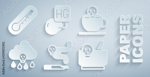 Set Cigarette, Coffee cup with skull, Acid rain, Mortar and pestle, Drop mercury and Thermometer icon. Vector