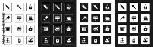 Set Essential oil bottle, Sauna, Wooden axe, Washcloth, Cup of tea, Honey dipper stick, Teapot with leaf and bucket icon. Vector