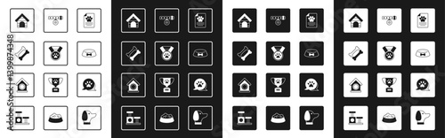 Set Medical clinical record pet, Pet award symbol, Dog bone, house, food bowl for cat dog, Collar with name tag, Paw print and icon. Vector