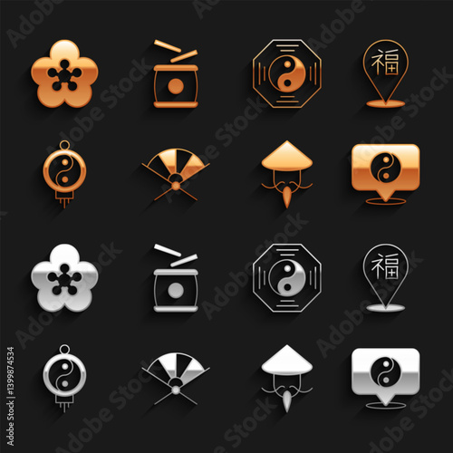 Set Traditional paper fan, Chinese New Year, Yin Yang symbol, Asian or conical straw hat, lantern, Lotus flower and drum icon. Vector