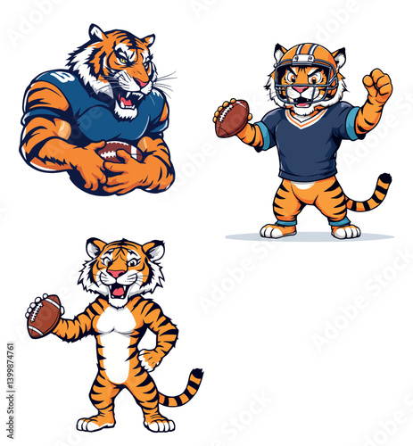 Vsai tiger football player mascot holding ball and celebrating