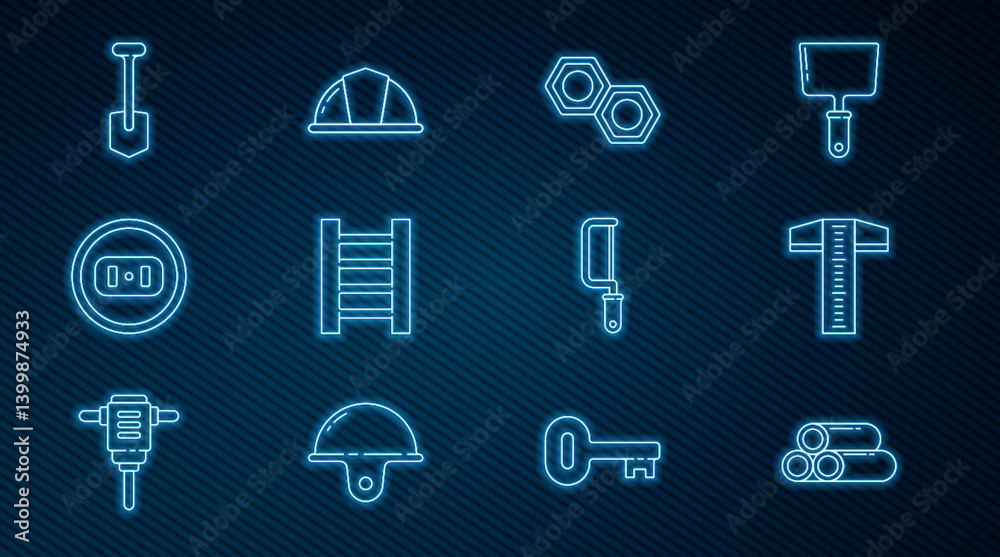 Set line Industry metallic pipe, T-square line, Hexagonal nut, Wooden staircase, Electrical outlet, Shovel, Hacksaw and Worker safety helmet icon. Vector Set line Industry metallic pipe, T-square line, Hexagonal nut, Wooden staircase, Electrical outlet, Shovel, Hacksaw and Worker safety helmet icon. Vector