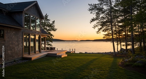 Lakeside Home at Sunset: Evening Tranquility, Architectural Photography AI Generated