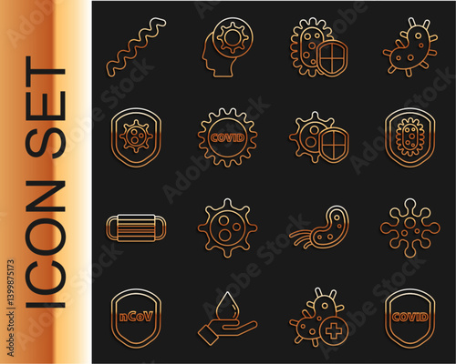 Set line Shield protecting from virus, Virus, Corona covid-19, and icon. Vector