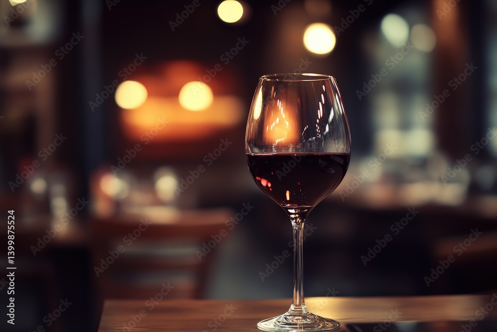 A glass of red wine on a table in a dimly lit restaurant. A glass of red wine on a table in a dimly lit restaurant.