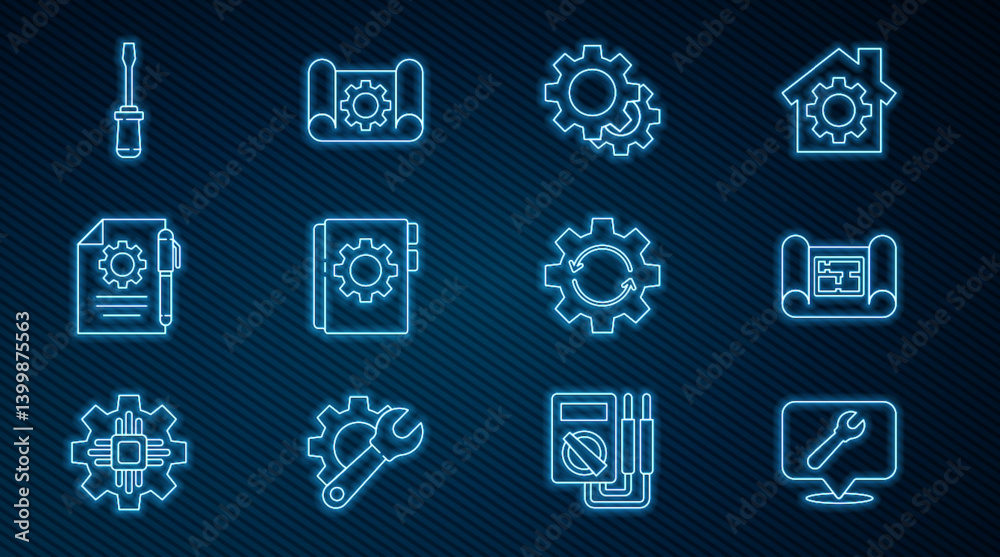Set line Location with wrench spanner, House plan, Gear, User manual, Document settings and pen, Screwdriver, arrows as workflow and Graphing paper gear icon. Vector Set line Location with wrench spanner, House plan, Gear, User manual, Document settings and pen, Screwdriver, arrows as workflow and Graphing paper gear icon. Vector